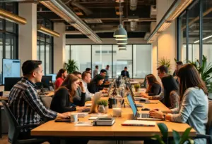 A modern tech office space filled with professionals collaborating on innovative projects.