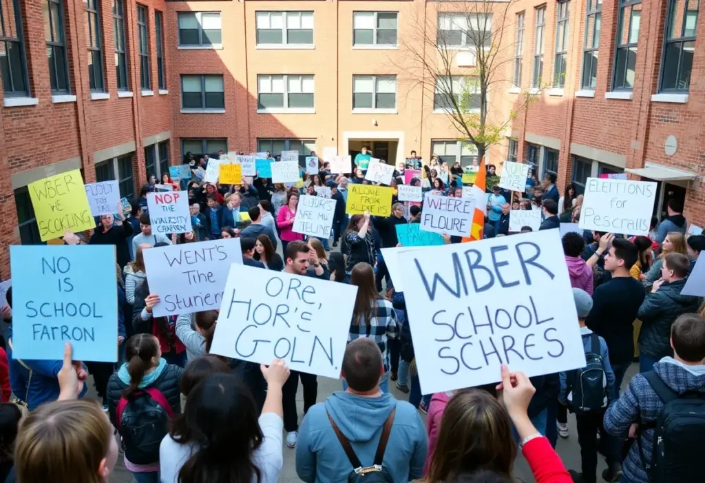 Students in a courtyard holding protest signs during a demonstration.