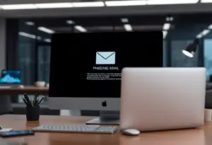 An office environment depicting bank fraud with a phishing email visible on a computer screen.