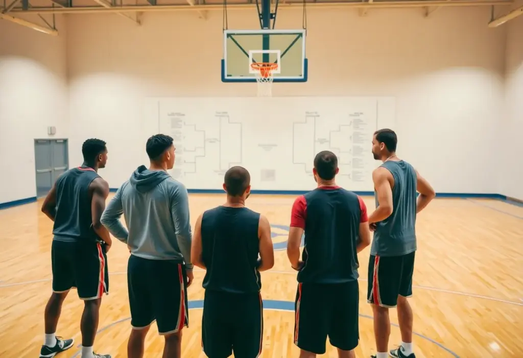 Coaches discussing strategy with bracket projections on a whiteboard.