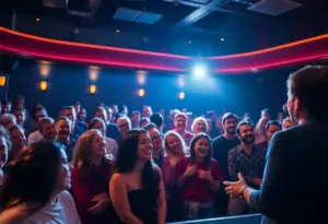 Comedy show at the Xcite Center with comedian on stage and audience laughing
