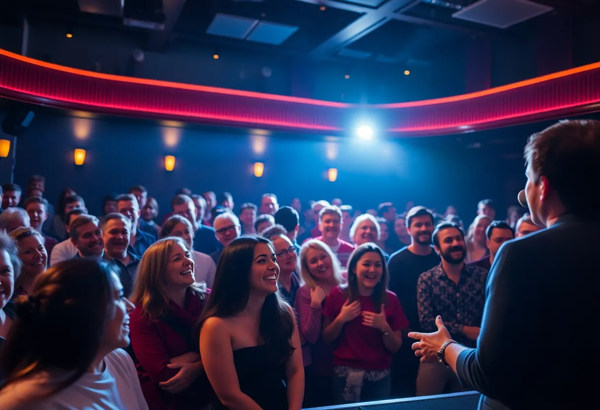 Comedy show at the Xcite Center with comedian on stage and audience laughing