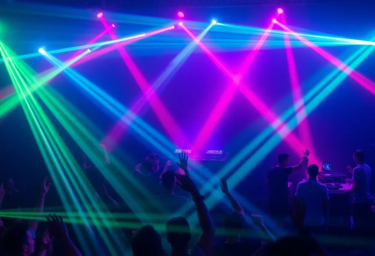 Audience enjoying the Blunts & Blondes concert with vibrant lights.