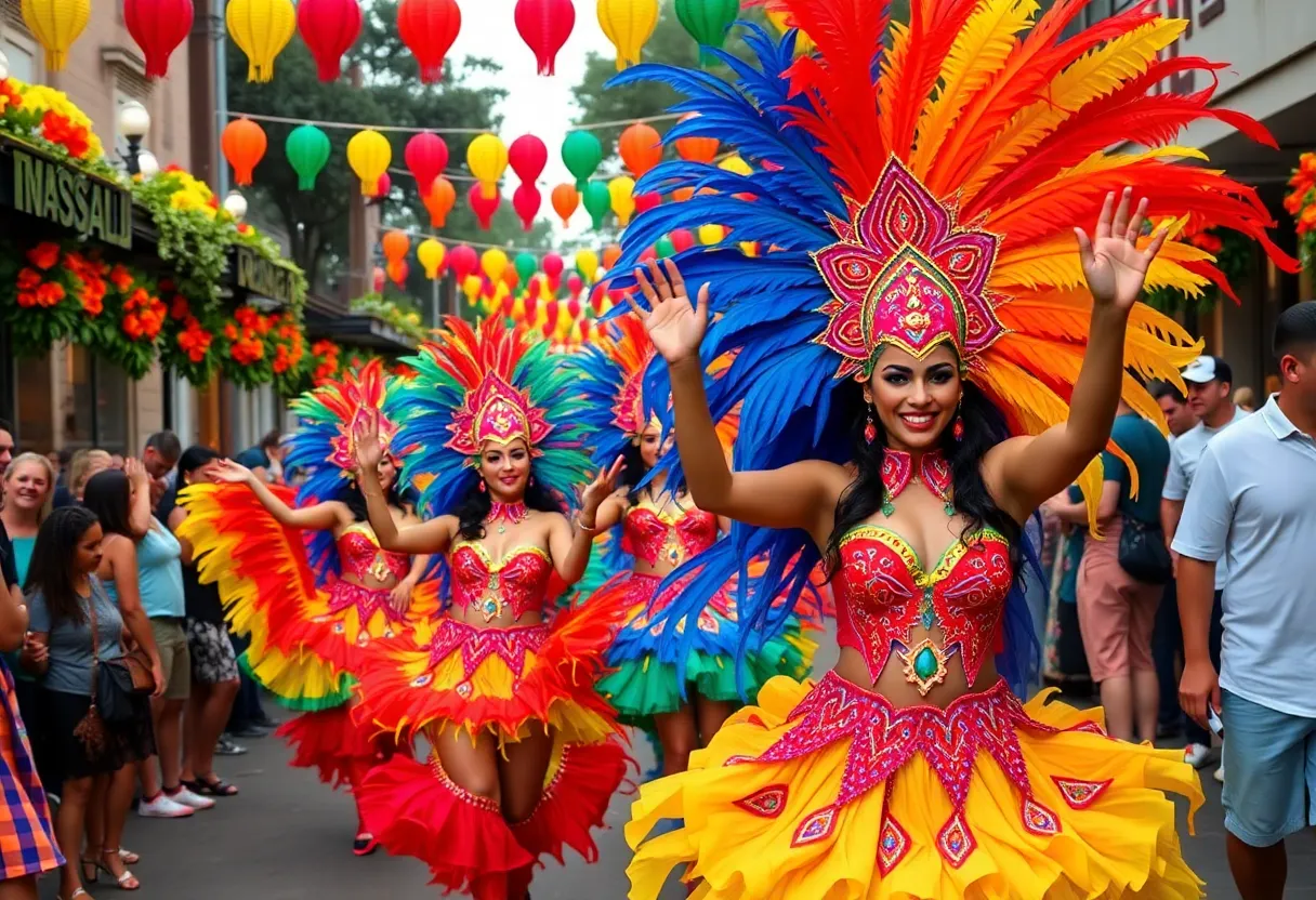 Colorful Brazilian carnival dancers performing at Carnaval Brasileiro in Austin.