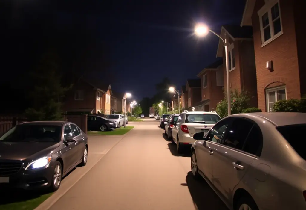 Nighttime view of parked cars with motion sensor lights in a residential neighborhood