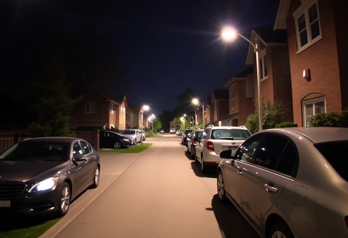 Nighttime view of parked cars with motion sensor lights in a residential neighborhood