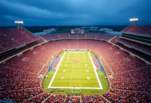 Aerial view of a packed college football stadium during a game.