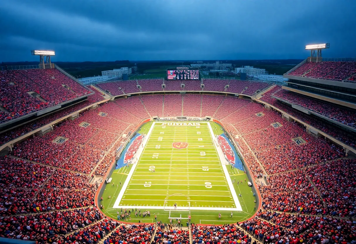 Aerial view of a packed college football stadium during a game.