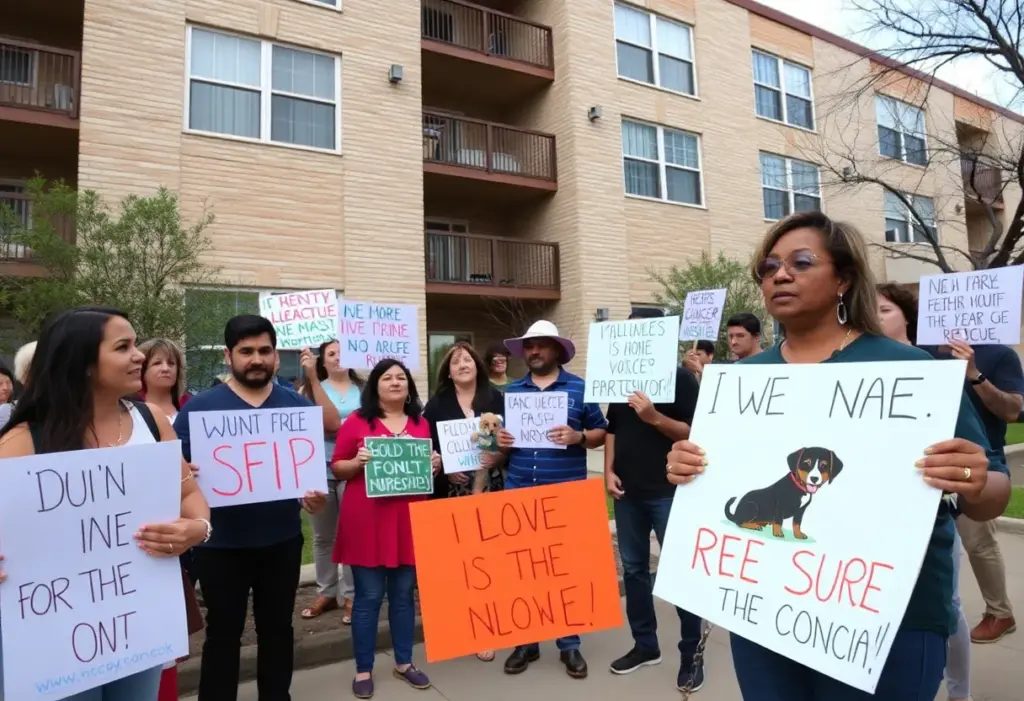 Protesters advocating for animal rights outside SEVEN Apartments in Austin