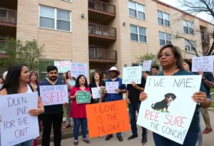 Protesters advocating for animal rights outside SEVEN Apartments in Austin