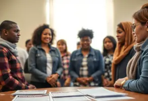 Diverse group discussing voter registration in Austin