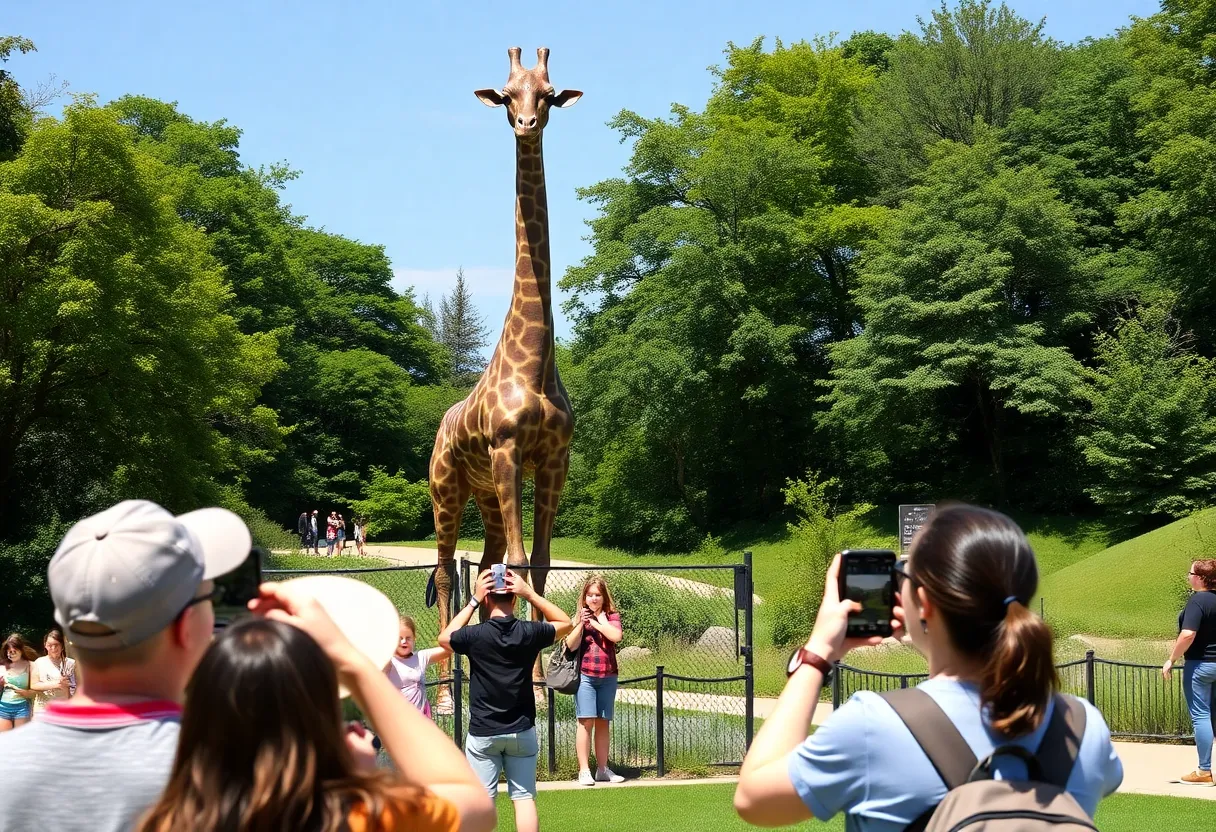 Dallas Zoo's 67.5-foot giraffe statue towering against the skyline.