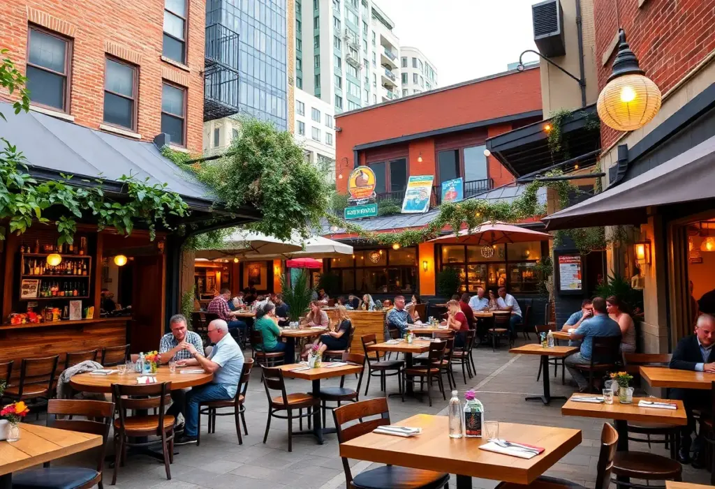 A bustling dining area in The Domain, Austin, featuring various restaurants and cafes.