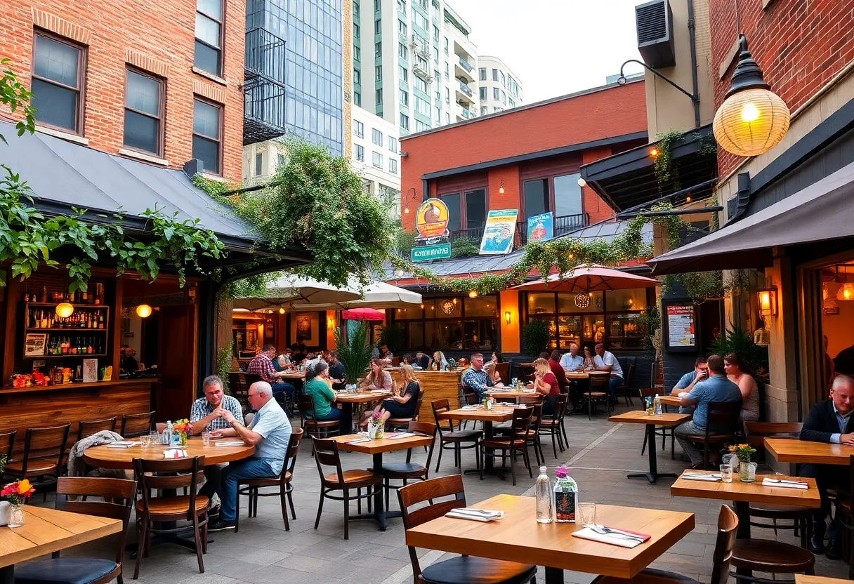 A bustling dining area in The Domain, Austin, featuring various restaurants and cafes.