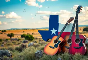 Texas landscape with musical elements symbolizing Ella Langley's music success