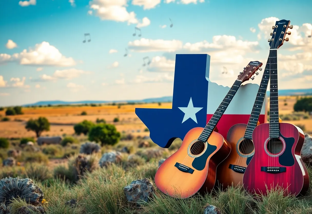 Texas landscape with musical elements symbolizing Ella Langley's music success