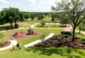 A vibrant Texas park with families enjoying the new playground and nature trails.