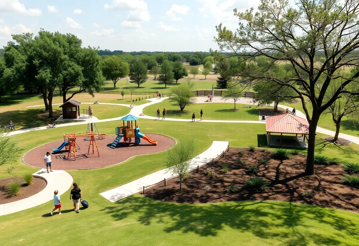 A vibrant Texas park with families enjoying the new playground and nature trails.