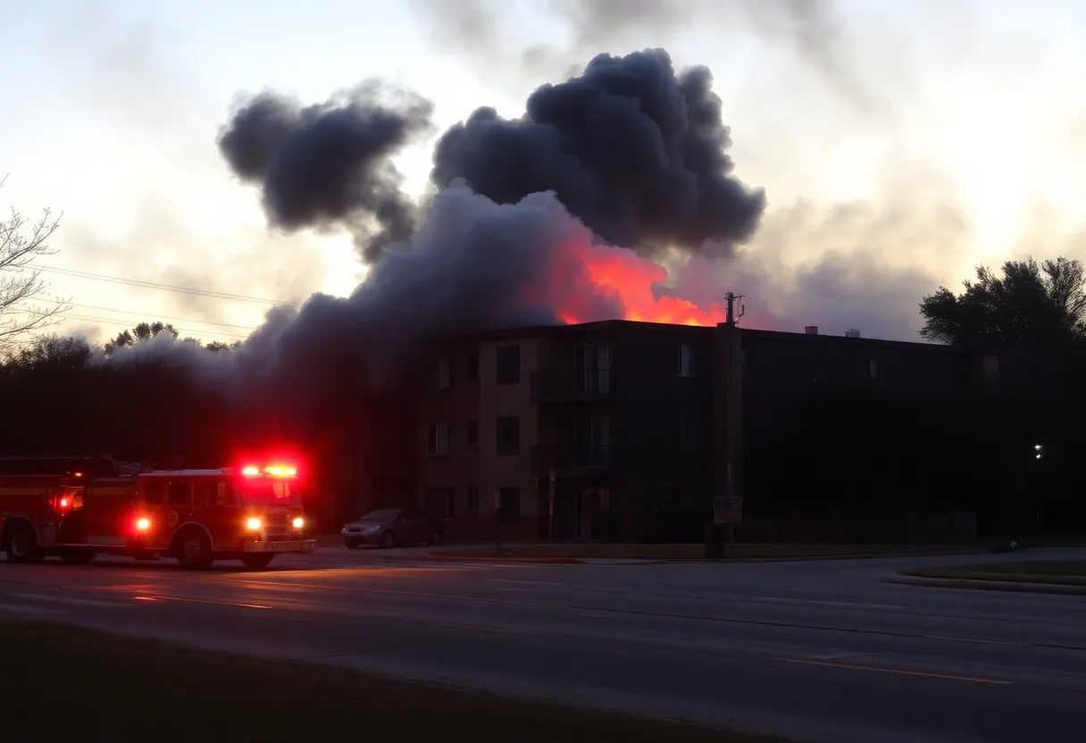 Firefighters extinguishing a fire at an abandoned apartment complex in South Austin.