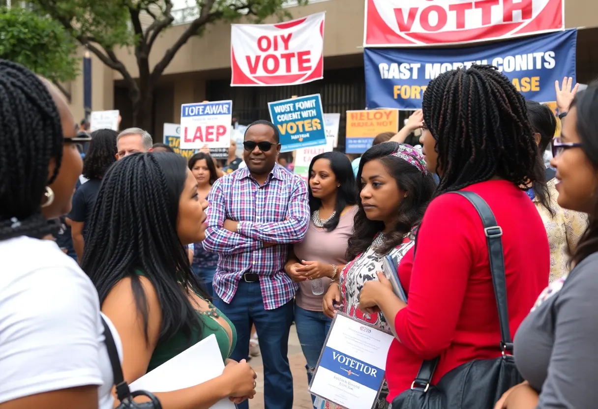 Voters engaging in political discussion in Fort Worth, Texas.