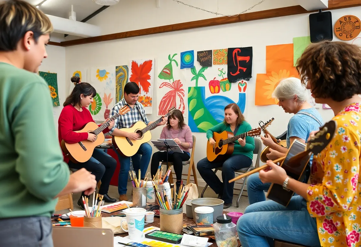 Participants engaging in an art and jazz workshop with colorful materials and instruments.