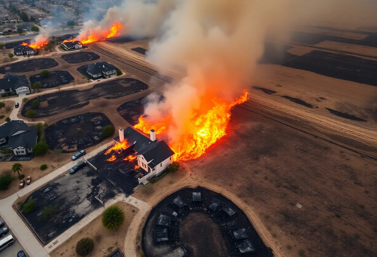 Aerial view of the Hawarden Fire destruction in Riverside, California.