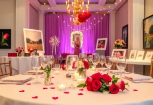 A picturesque table setting for a community Valentine's dinner event.