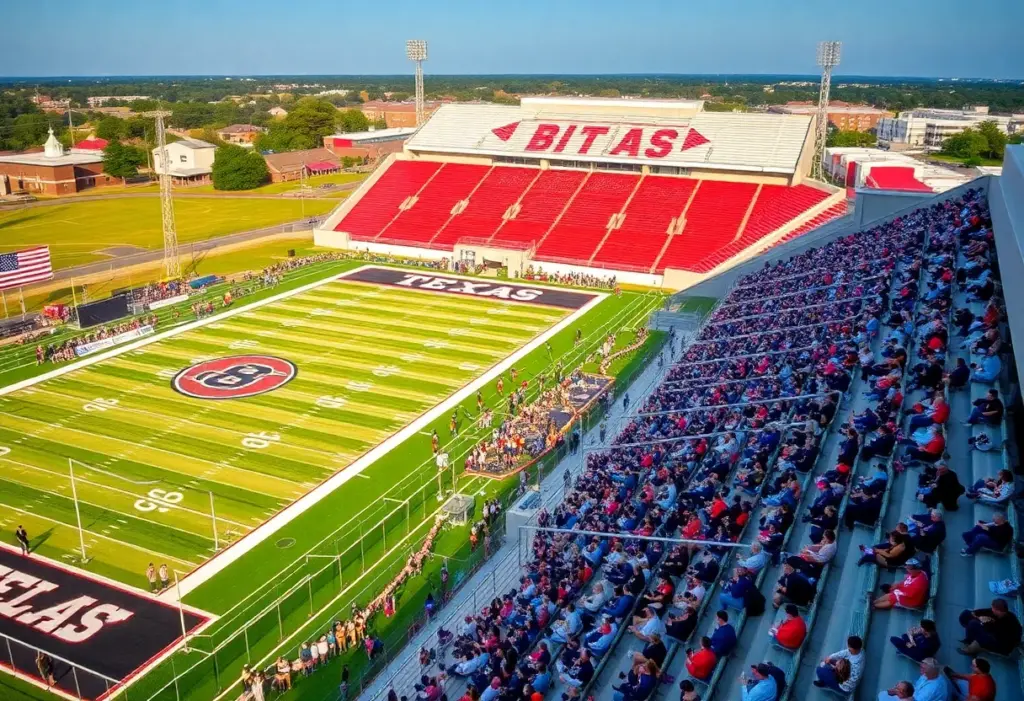 Aerial view of Texas high school sports complex with athletes and fans.