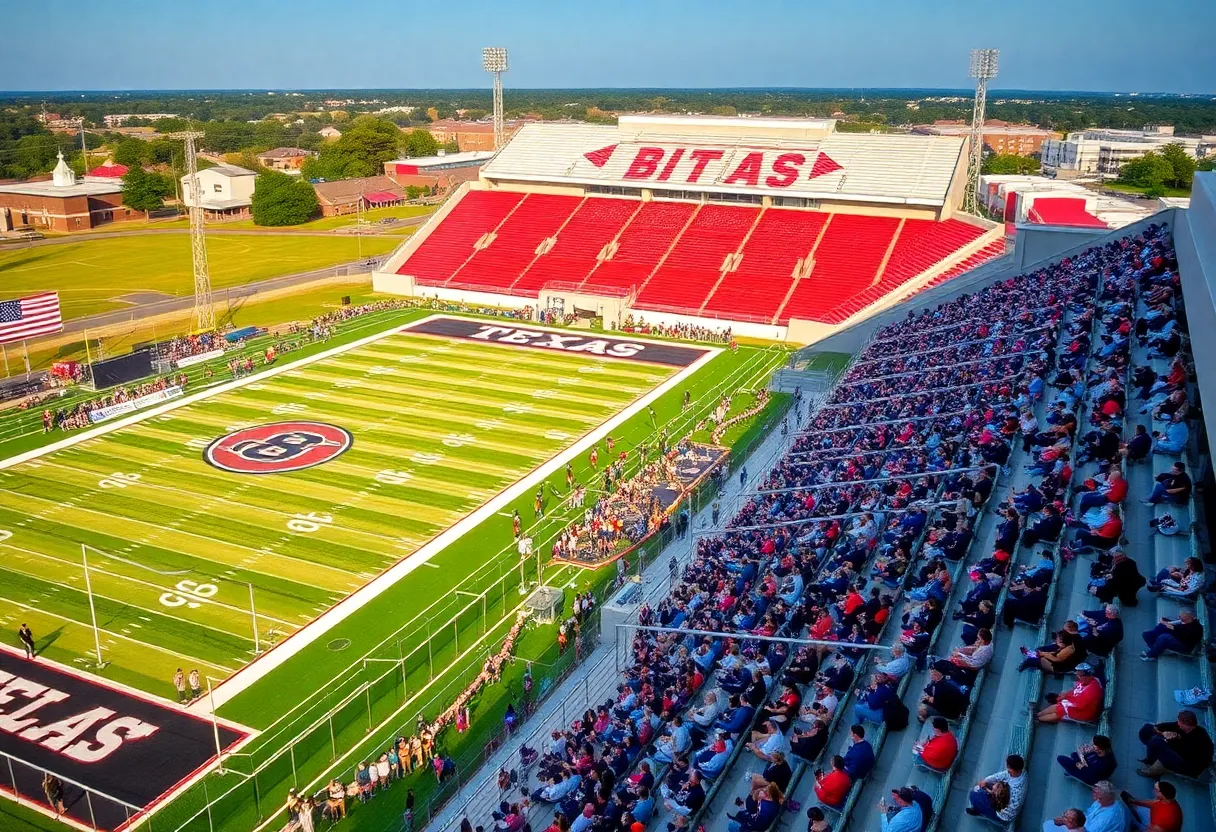 Aerial view of Texas high school sports complex with athletes and fans.