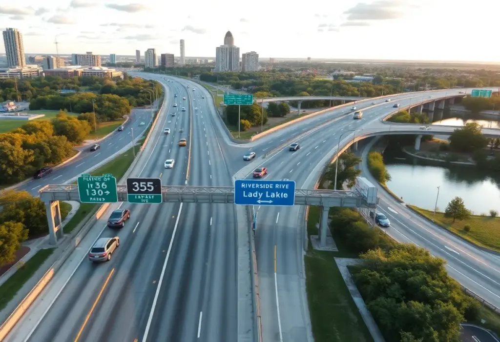 Aerial view of the I-35 construction area near Riverside Drive in Austin.