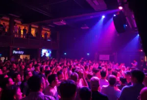 A vibrant music venue during live performance with audience engaged.