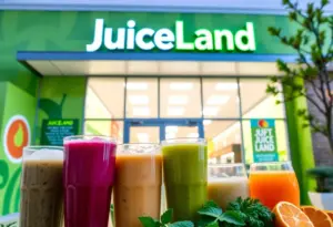 Exterior view of JuiceLand's new location in Pflugerville with green healthy juice options displayed.