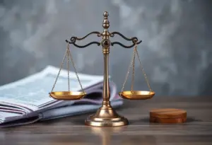 Artistic depiction representing justice intertwined with documents and media related to Epstein.