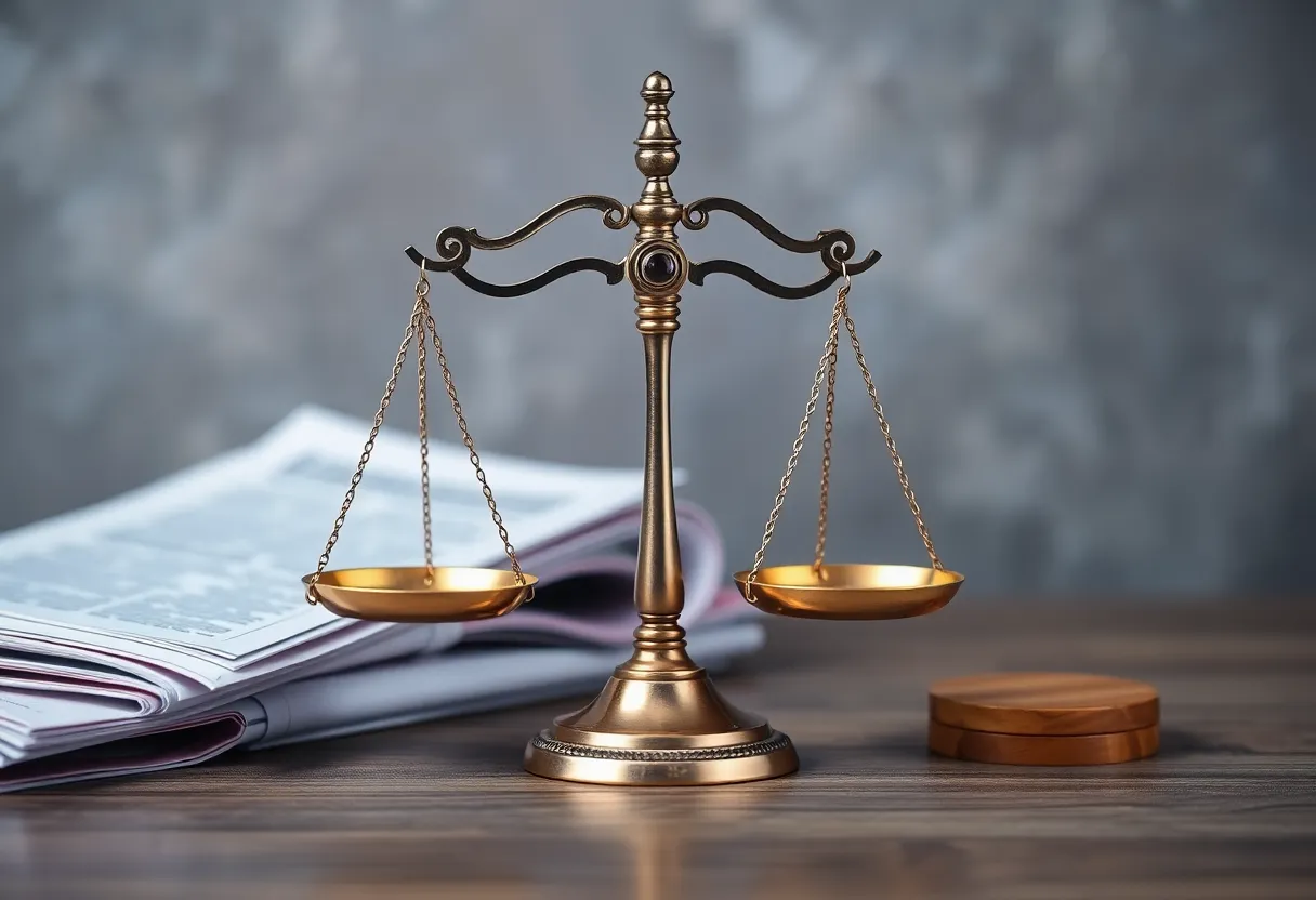 Artistic depiction representing justice intertwined with documents and media related to Epstein.