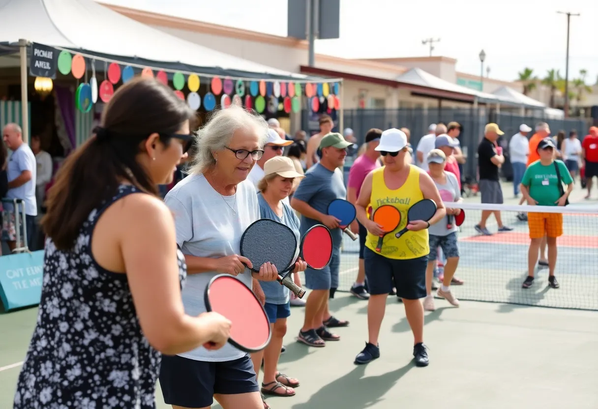 Participants at a local pickleball event with vendors and spectators