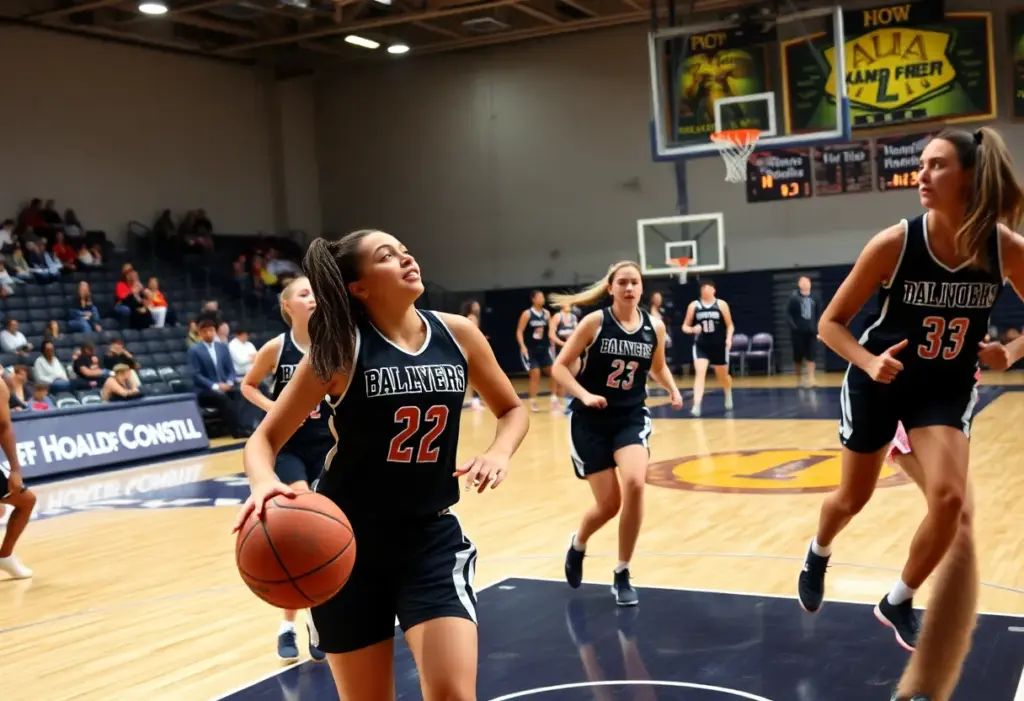 The Louisville women's basketball team in action during a game.