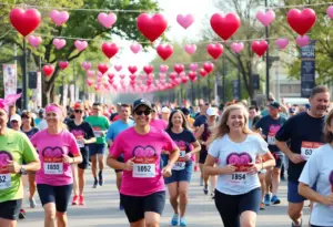 Participants running in the LoveStruck 5K and 10K race celebrating Valentine's Day in Houston