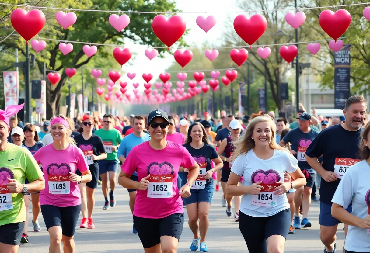 Participants running in the LoveStruck 5K and 10K race celebrating Valentine's Day in Houston