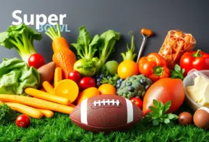 Graphic representation promoting healthy eating with football elements.