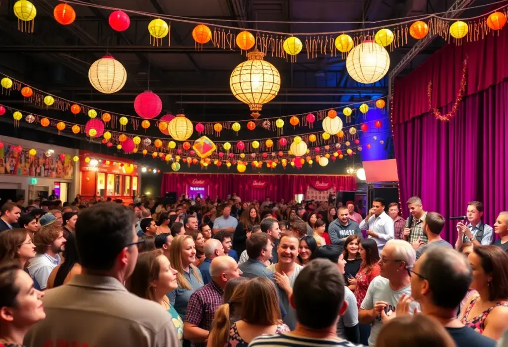 Crowd enjoying the Moontower Comedy Festival in Austin with performers on stage.