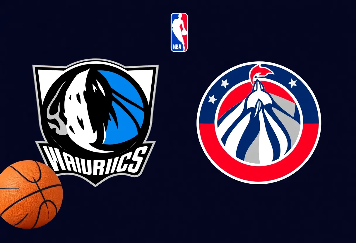 NBA trade announcement featuring Mavericks and Wizards logos with basketball elements