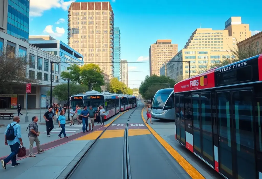 Illustration of Austin's public transportation system with light rail and buses.