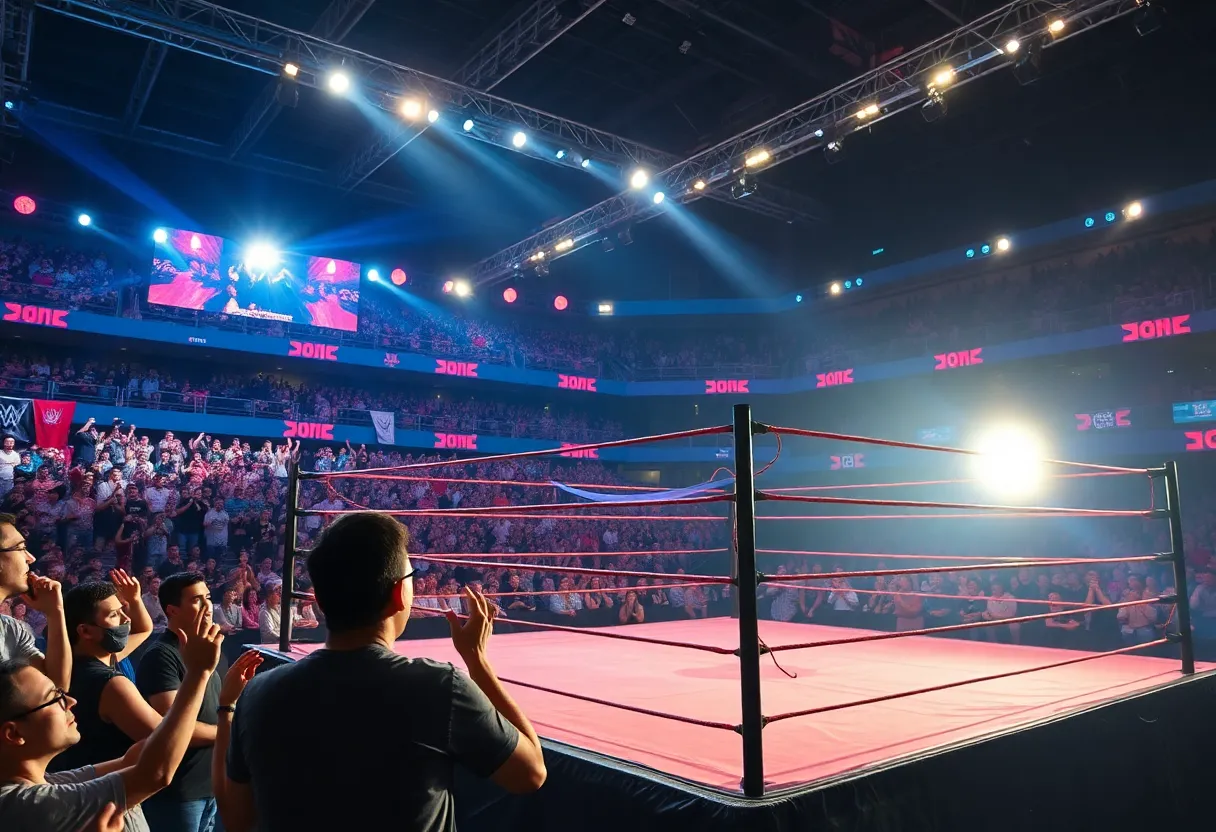 Wrestling ring at the Royal Rumble event with enthusiastic fans