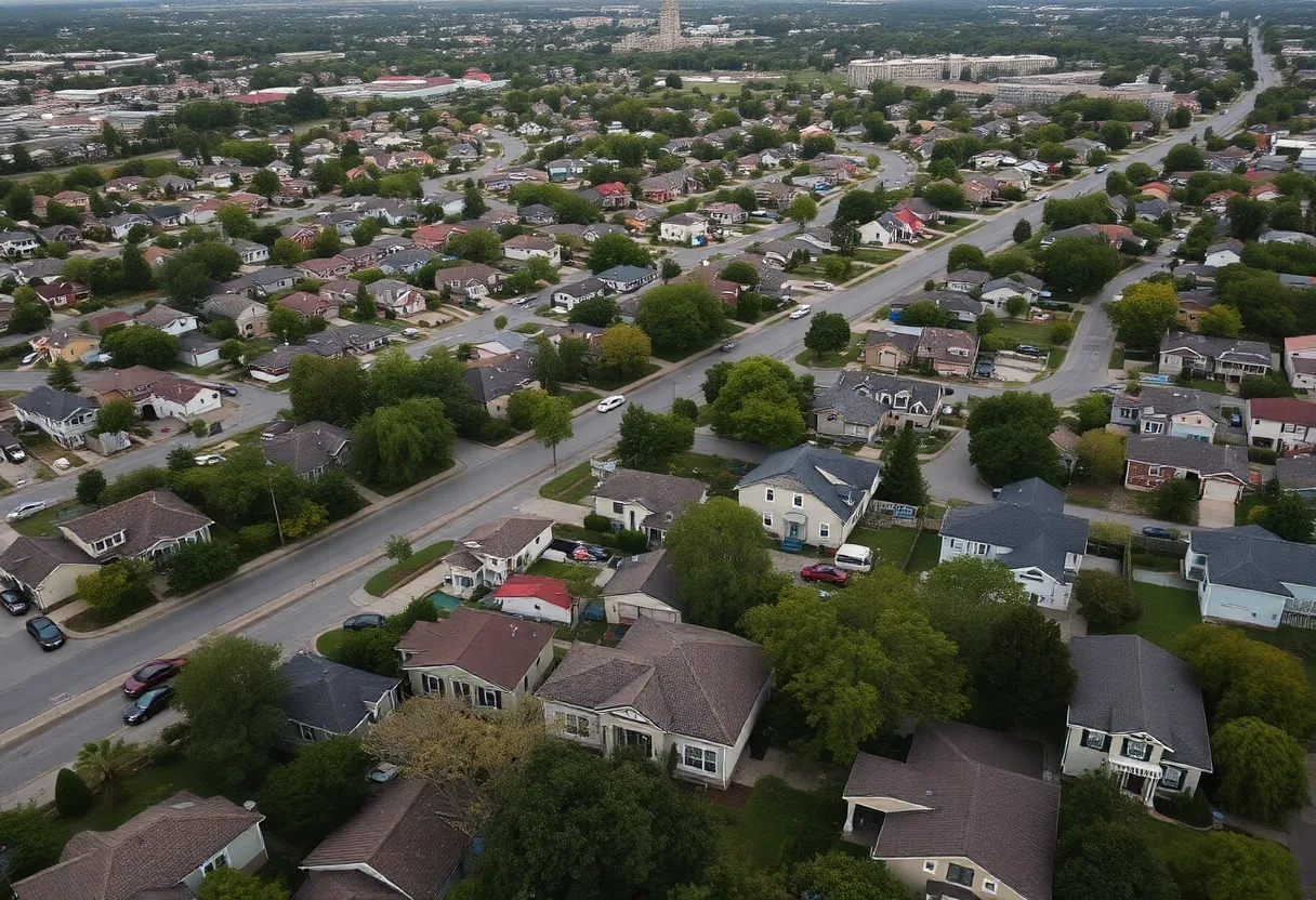Aerial view of San Antonio with residential areas and real estate signs.