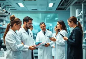 Healthcare professionals discussing innovative solutions in a modern lab setting.