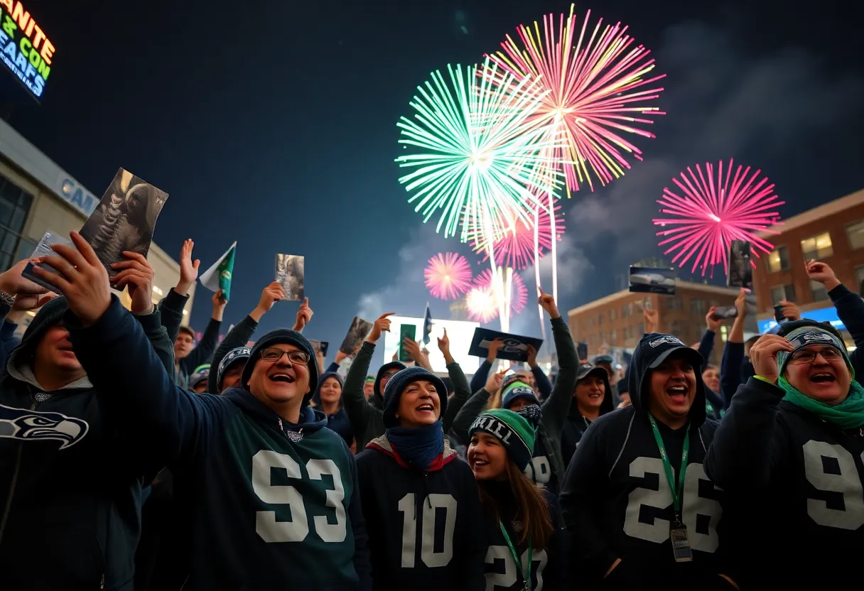 Fans celebrating the Seattle Seahawks Super Bowl victory