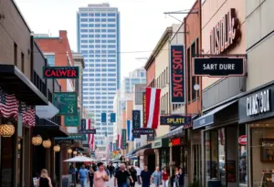 Street view of South Congress Avenue in Austin with local and national retailers.