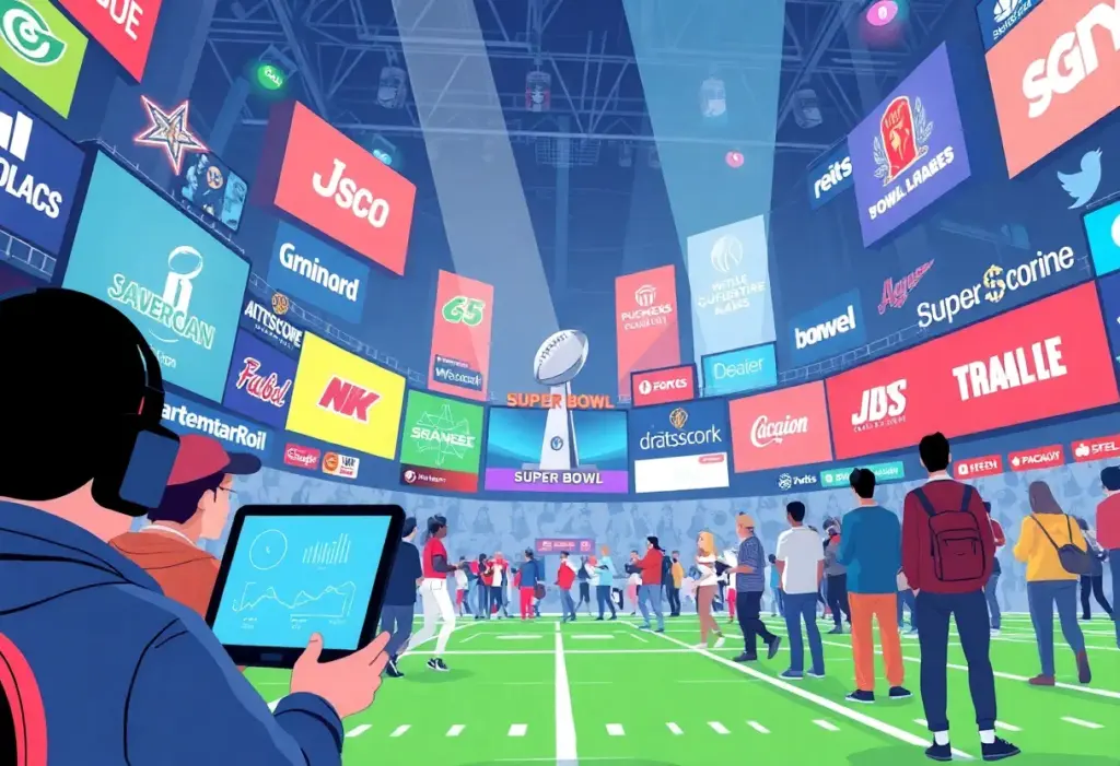Illustration of audience engagement and advertisement analysis during the Super Bowl.