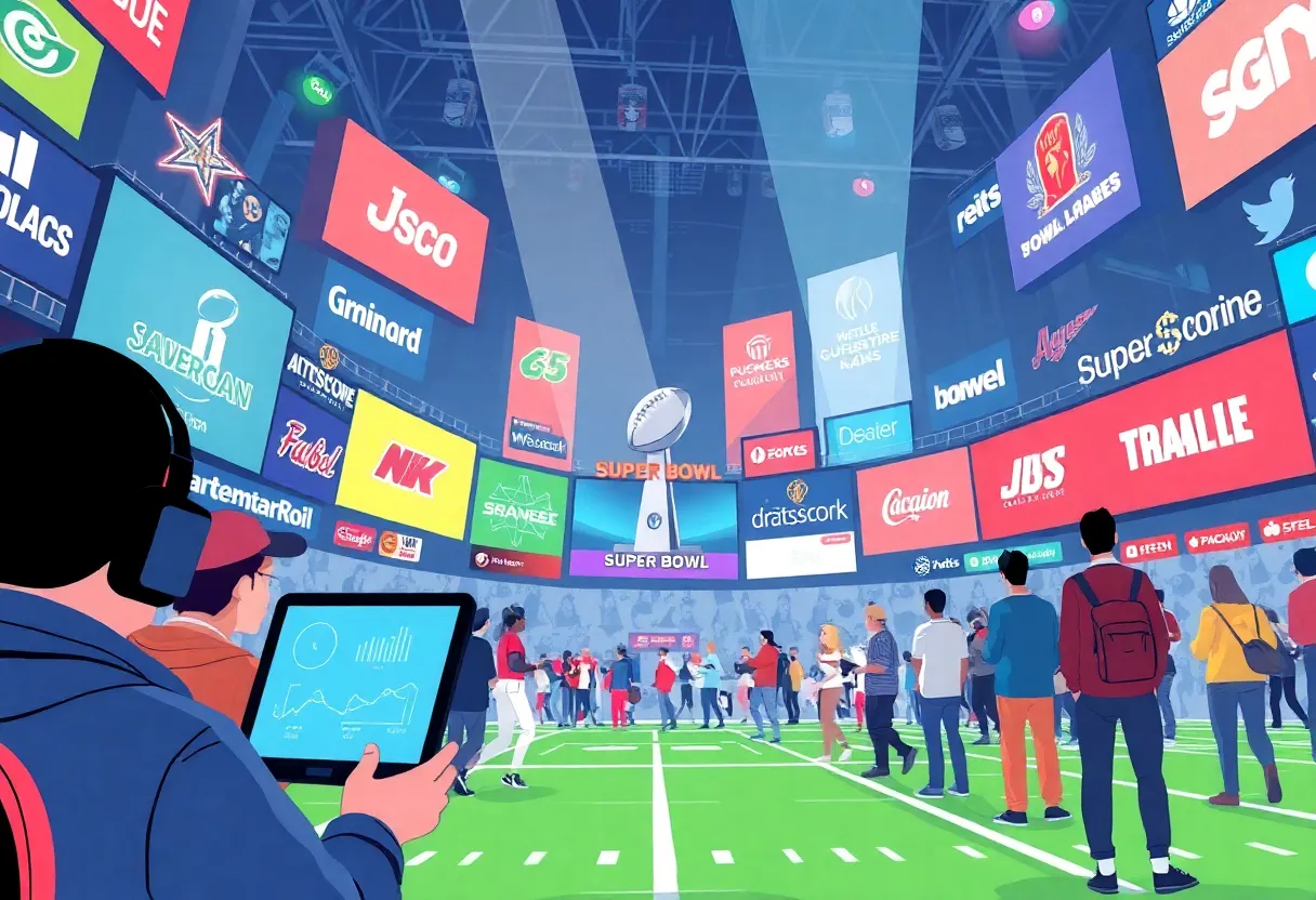 Illustration of audience engagement and advertisement analysis during the Super Bowl.