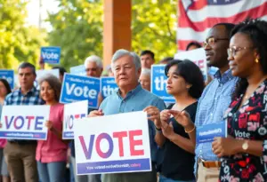 Campaign rally for Taylor Rehmet with diverse crowd